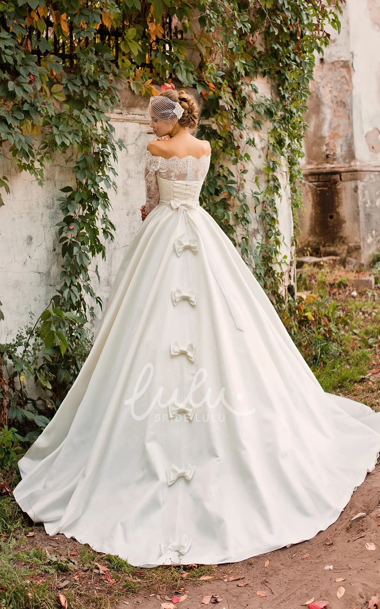 A-line Lace Bodice Satin Wedding Dress with Beaded Waist and Off-Shoulder