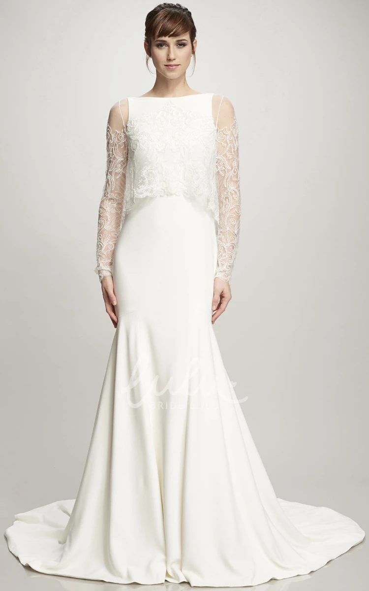 Jersey Sheath Wedding Dress with High Neck and Illusion Sleeves