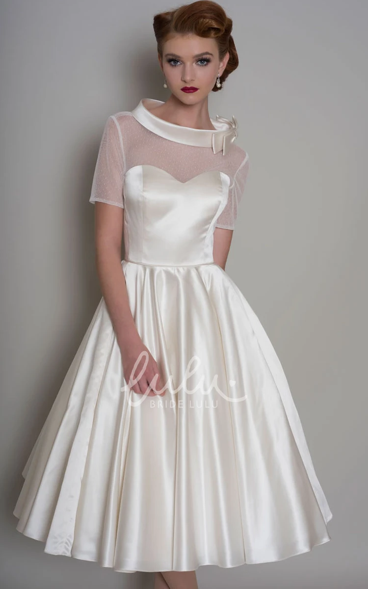 Short-Sleeve Knee-Length A-Line Satin Wedding Dress with Bow