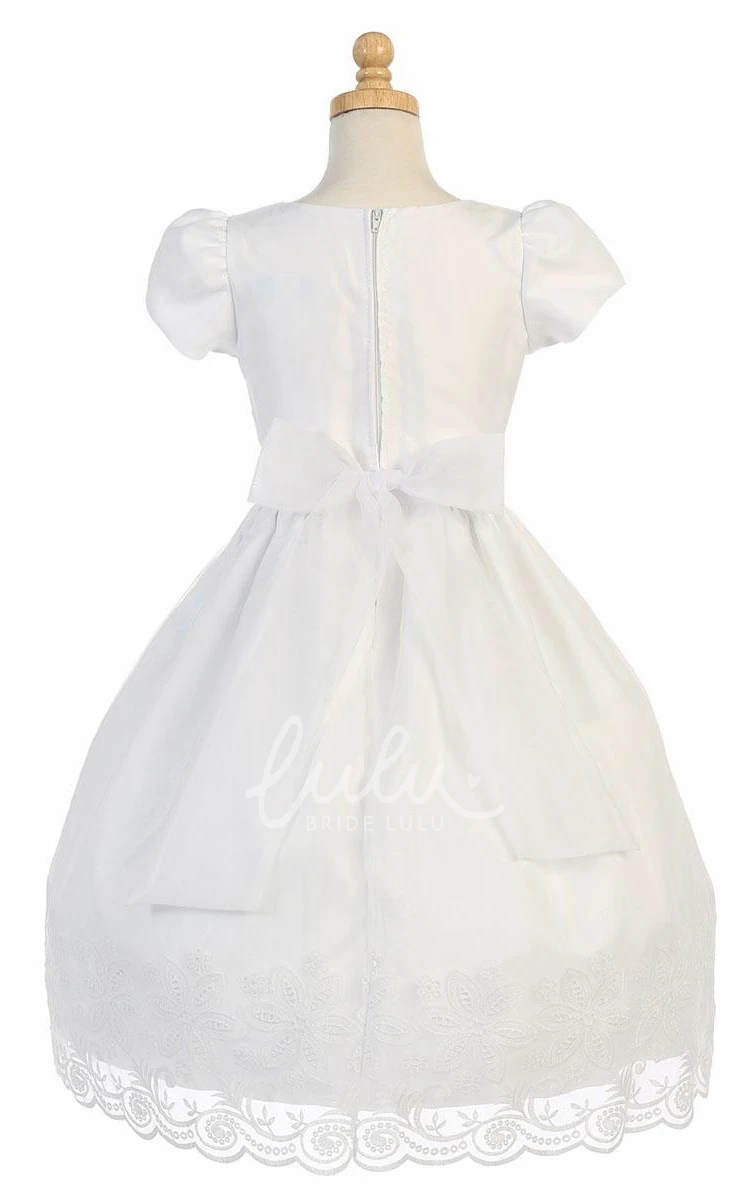 Cap-Sleeve Tiered Organza Tea-Length Flower Girl Dress with Embroidery and Floral Design