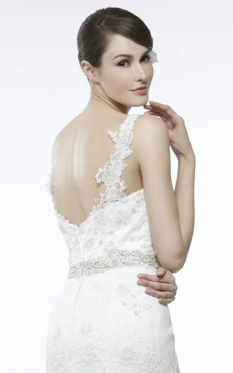 Lace Appliqued Wedding Dress with V-Back and Court Train Floor-Length