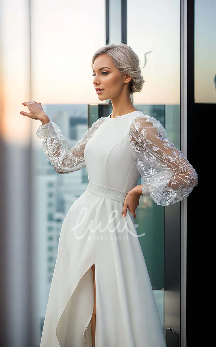 Simple Elegant Satin Tulle A-Line Jewel Neck Wedding Dress Sexy Solid Long Puff Sleeve Split Front Floor-length Bridal Gown with Sash Train Button Back