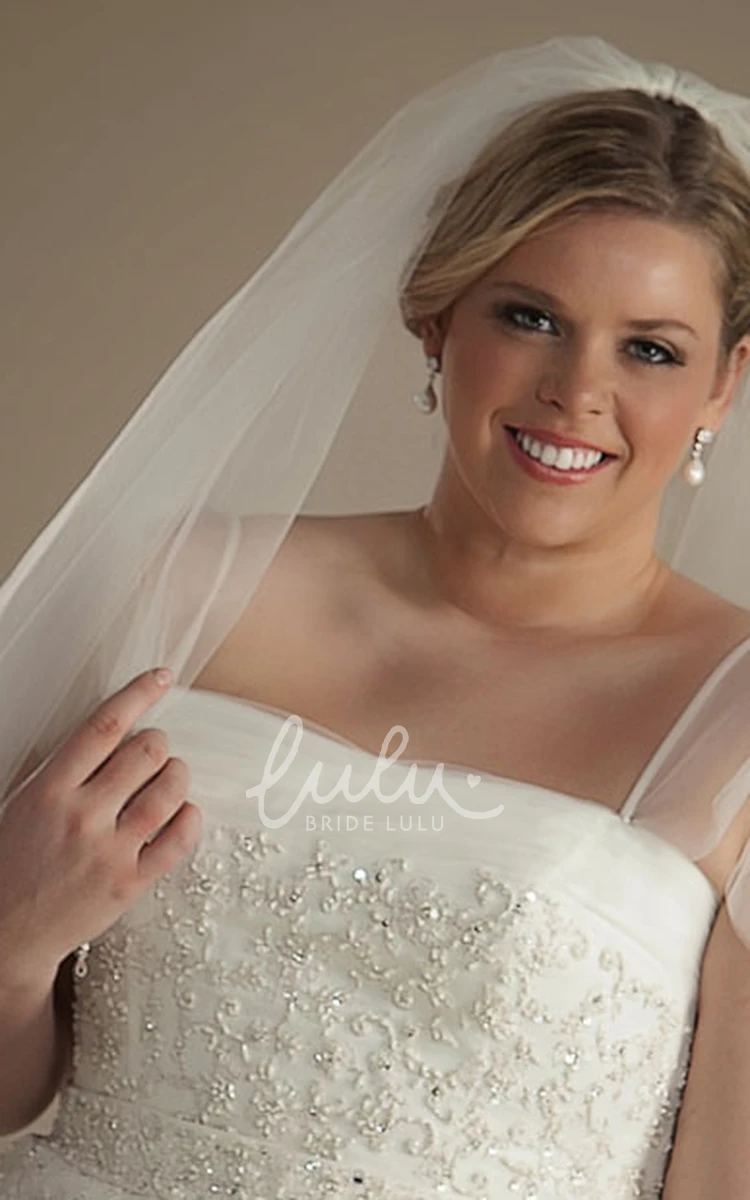 Tulle Appliqued Poet-Sleeve Ball Gown Plus Size Wedding Dress with Beading