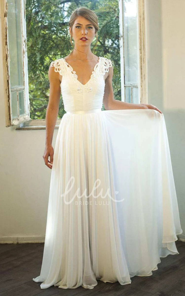 Backless Chiffon Ruched Wedding Dress with Appliqued Cap Sleeves