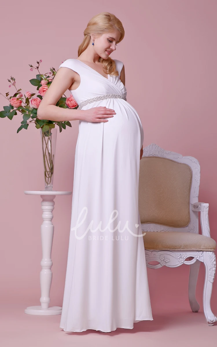 Maternity Wedding Dress with V-neck Cap-sleeves and Beading Details