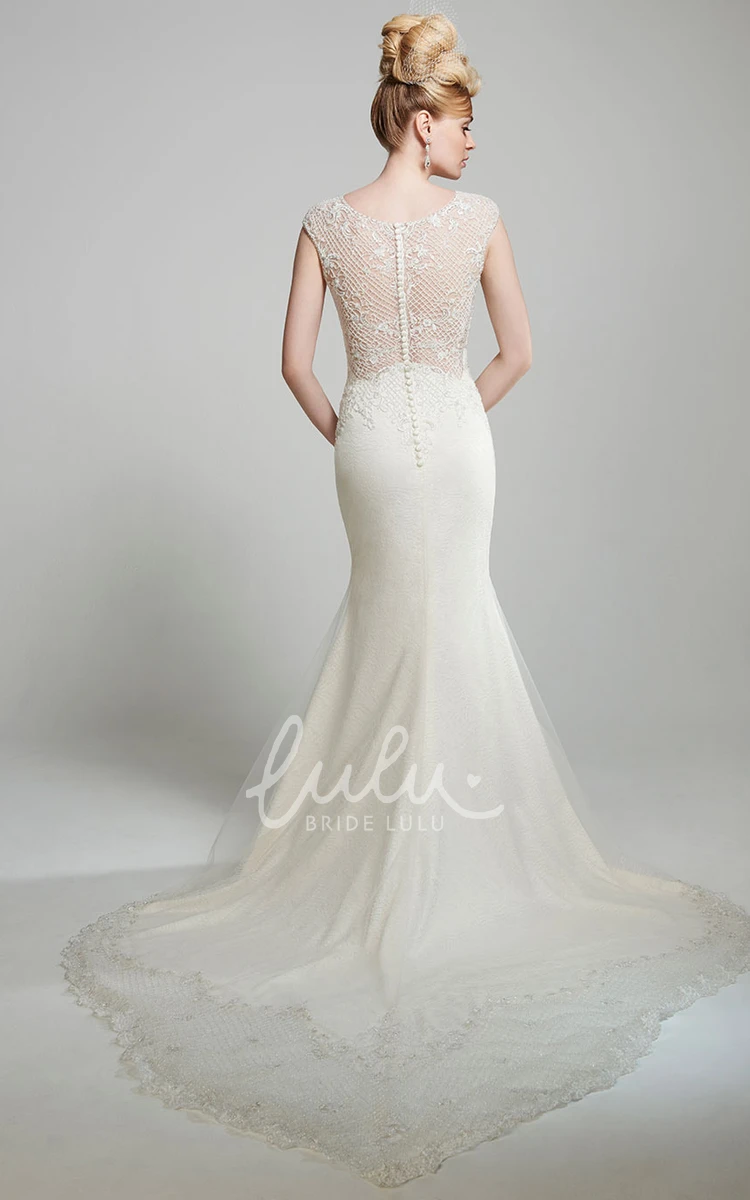 Illusion Back Cap-Sleeve Lace Trumpet Wedding Dress with Chapel Train