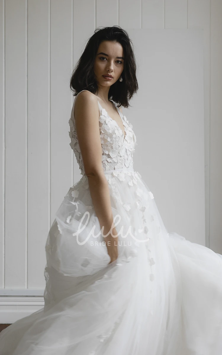 Romantic Sleeveless Bridal Ballgown with Lace Appliques and Tulle Skirt and Plunging V-Neck