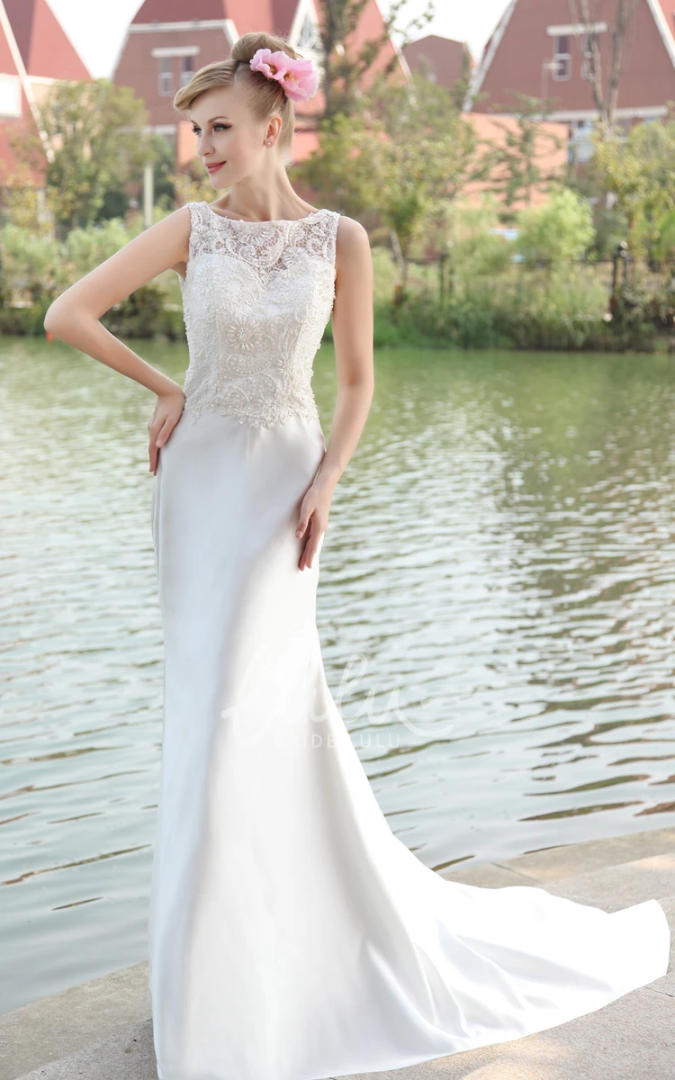 Sleeveless Sheath Satin Wedding Dress with Laced Top