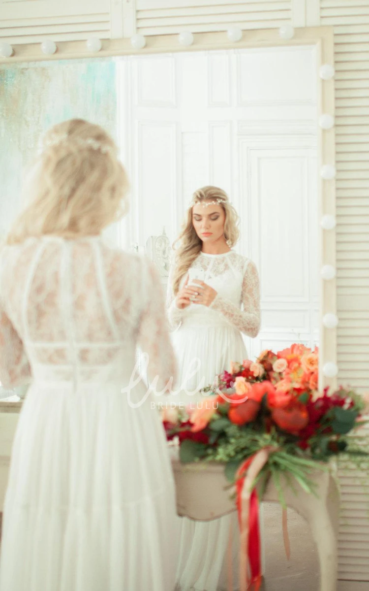 Lace Bodice Chiffon A-Line Wedding Dress with Long Sleeves