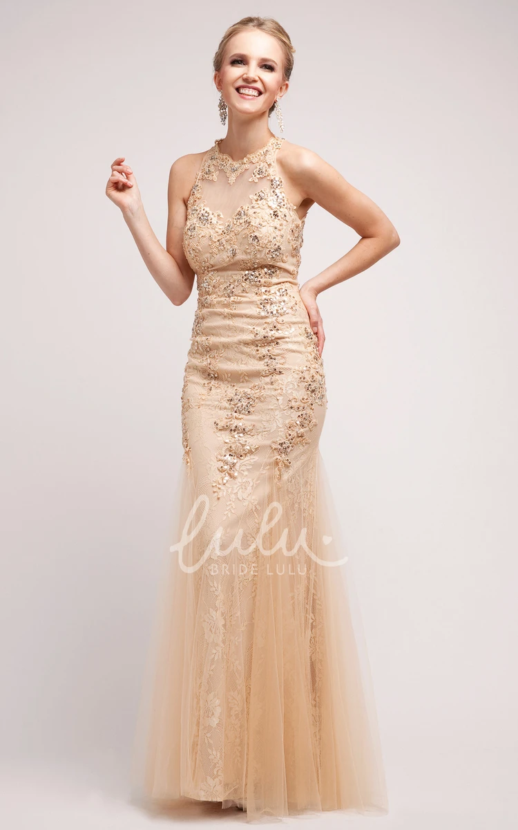 Sequined Lace Sheath Formal Dress with Jewel-Neck and Tulle