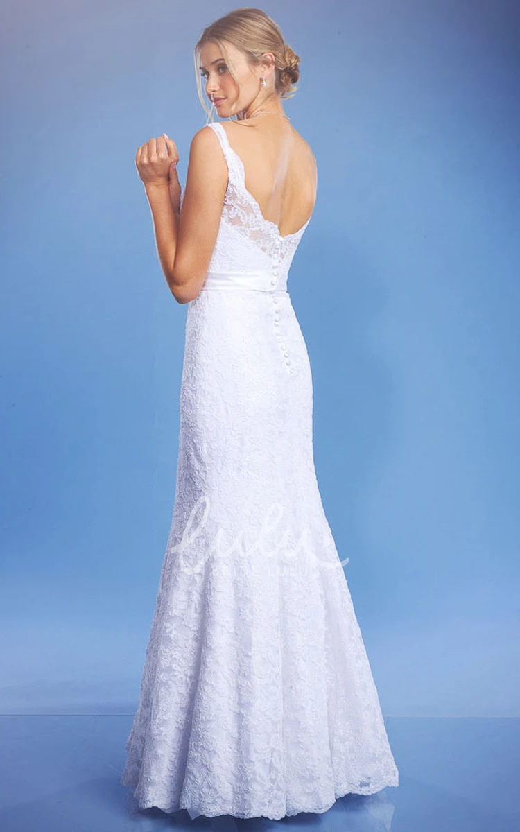 Lace V-Neck Wedding Dress with Low-V Back Sheath Style