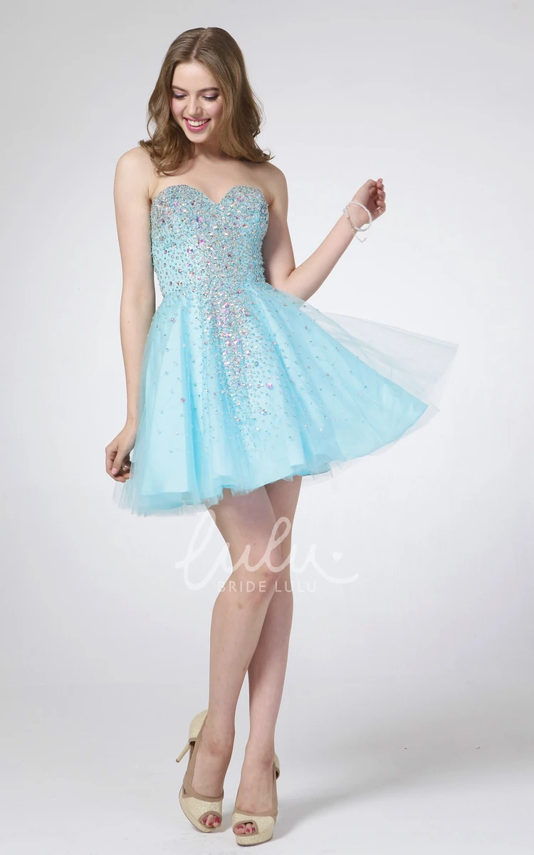Beaded Tulle Satin Sweetheart Formal Dress A-Line Mini Sleeveless