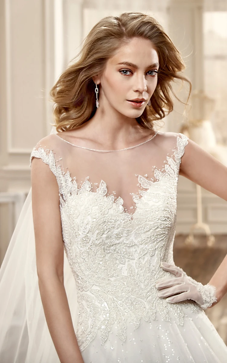 Lace Appliques Chapel Train Sweetheart Cap-Sleeve A-Line Wedding Dress Unique