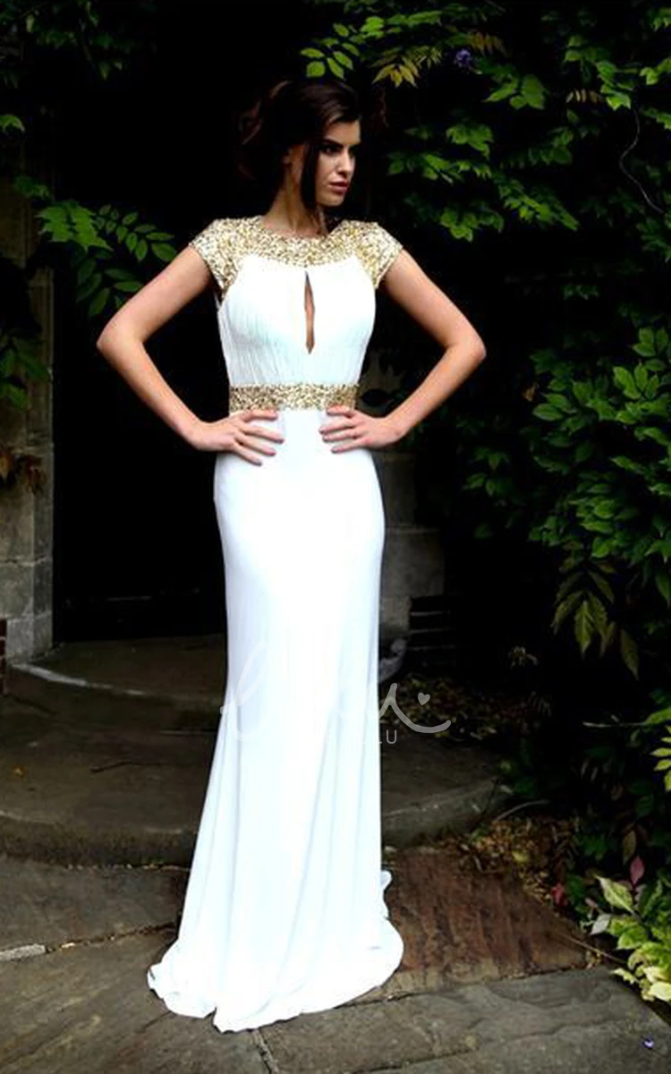 Scoop Neck Beaded Cap Sleeve Chiffon Prom Dress Classy Evening Dress for Women