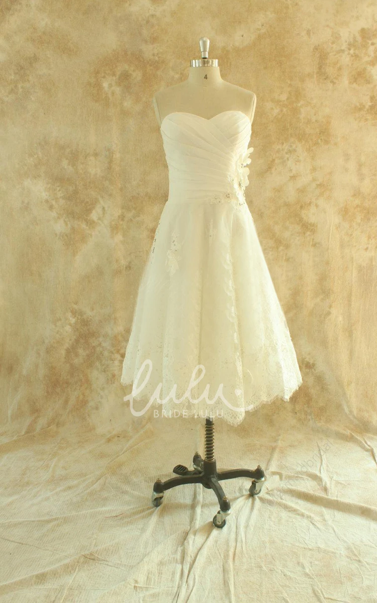 Sweetheart Neck Tea-Length Lace A-line Wedding Dress with Ruching