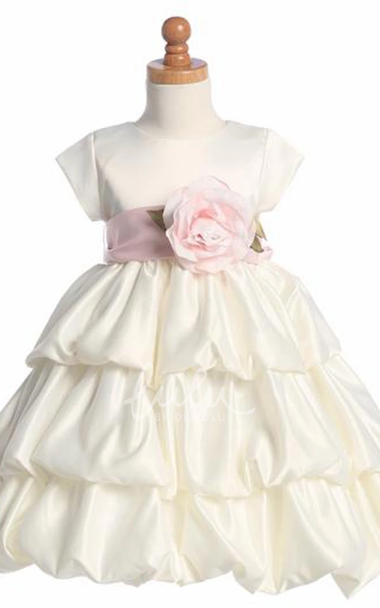 Cap-Sleeve Satin Flower Girl Dress with Tiered Skirt Tea-Length