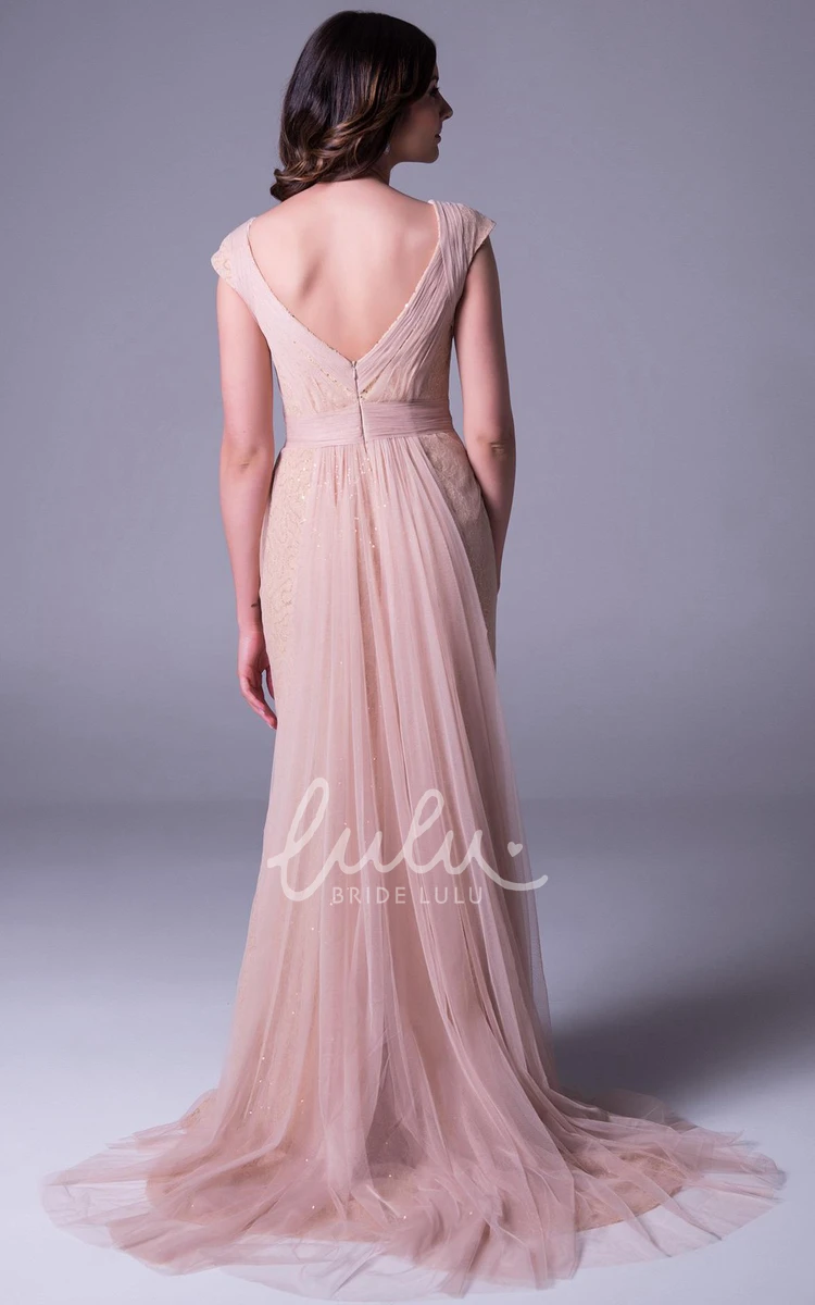 V-Neck Tulle Sheath Prom Dress Maxi Cap-Sleeve Gown with Waist Jewelry