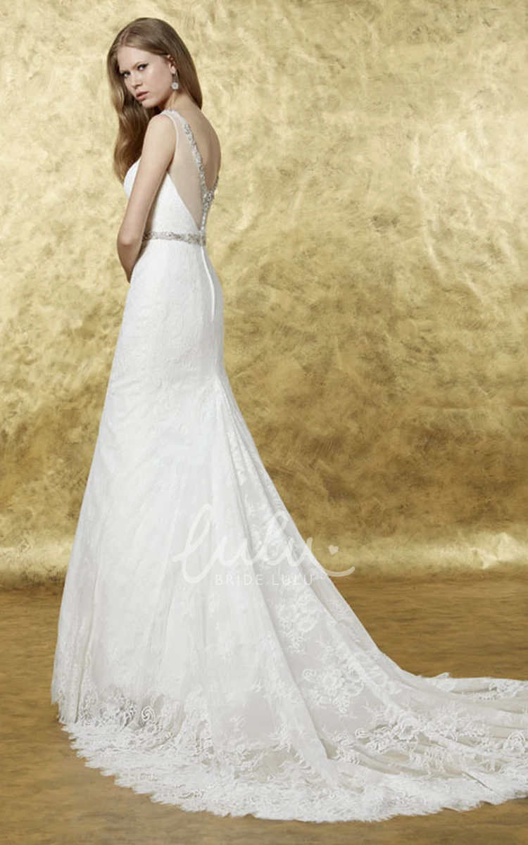 V-Neck Sleeveless A-Line Lace Wedding Dress with Beaded Waist Jewelry and Floor-Length