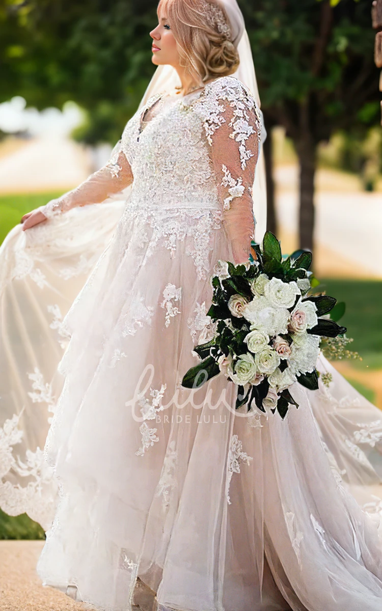 Plus Size V-neck Elegant Boho Lace A-Line Ball Gown for Chubby Arms Long Sleeve Wedding Dress
