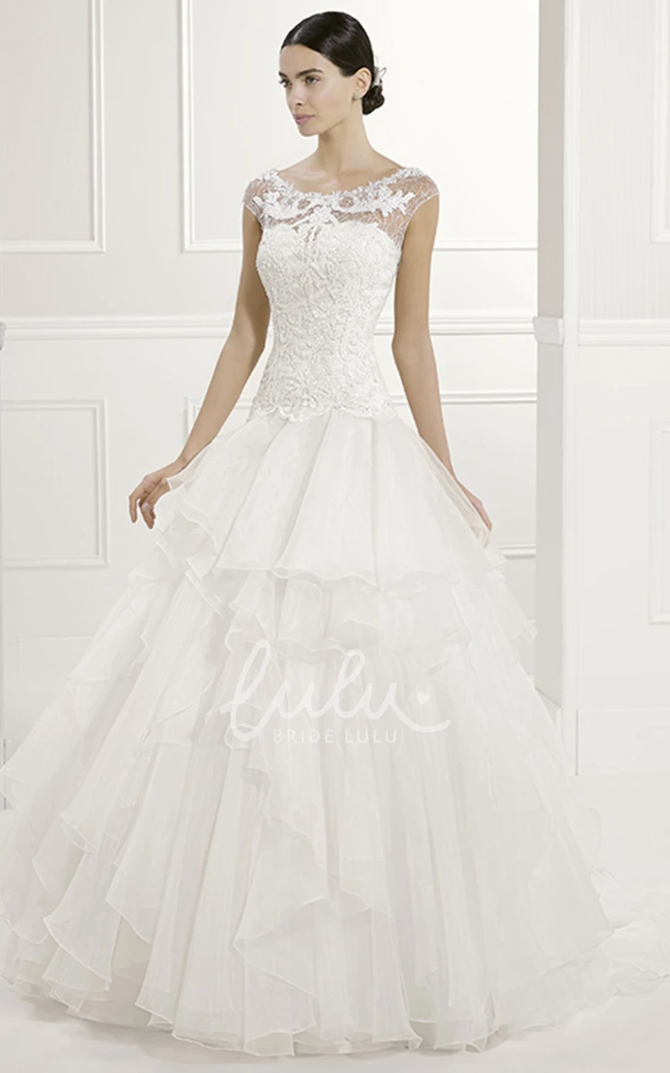 Cap Sleeve Organza Bridal Gown with Jewel Neck and Lace