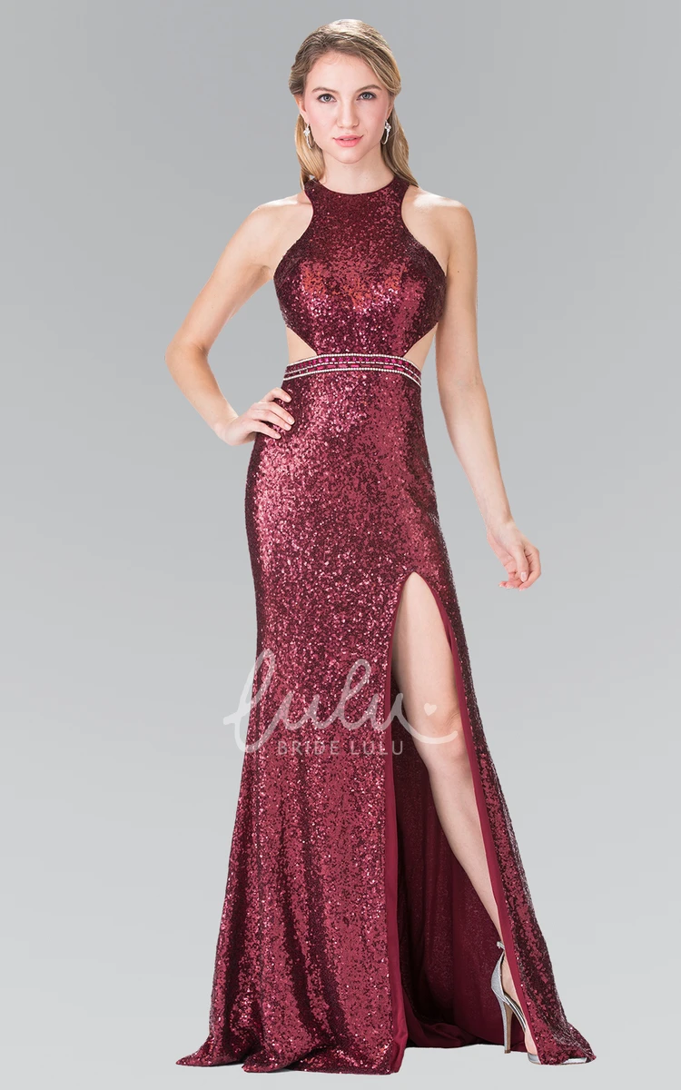 Sequin Straps Sheath Prom Dress with Jewel Neck and Front Split