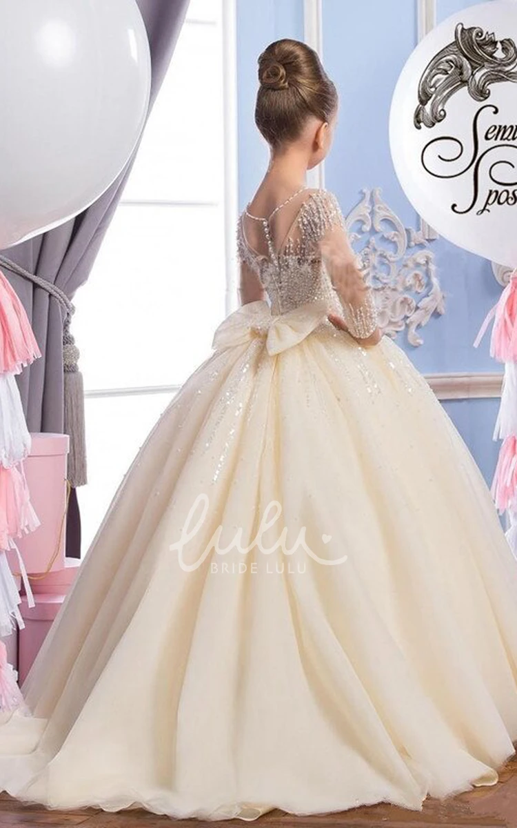 Tulle Long-Sleeve Flower Girl Dress with Bow and Beading