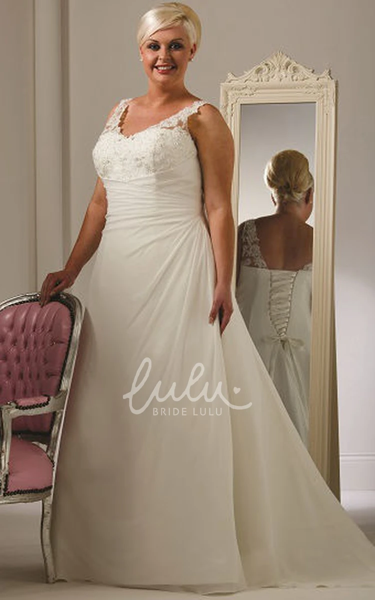 Plus Size Lace Bodice A-Line Wedding Dress with V Neck