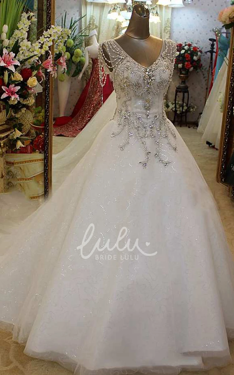 V-Neck Beaded Ball Gown Short Sleeves