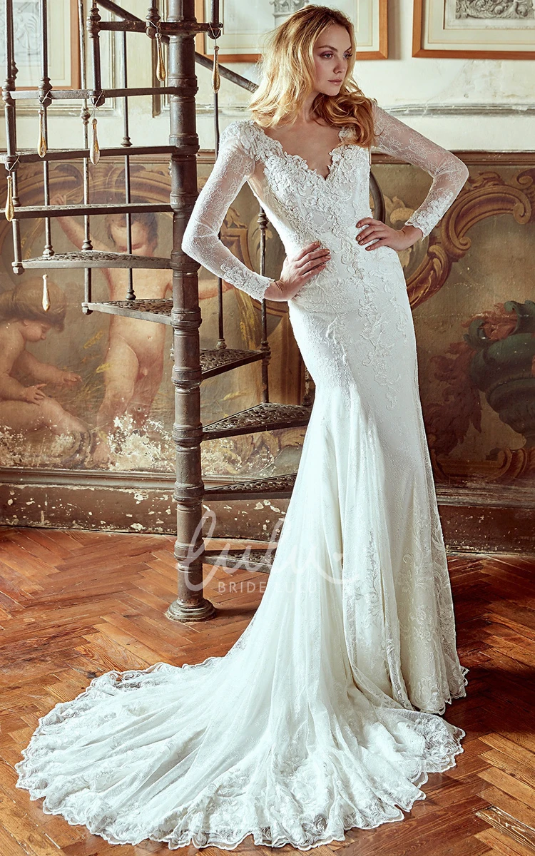 Lace Long-Sleeve Wedding Dress with Low-V Neck and Illusive Back Elegant Wedding Dress 2024