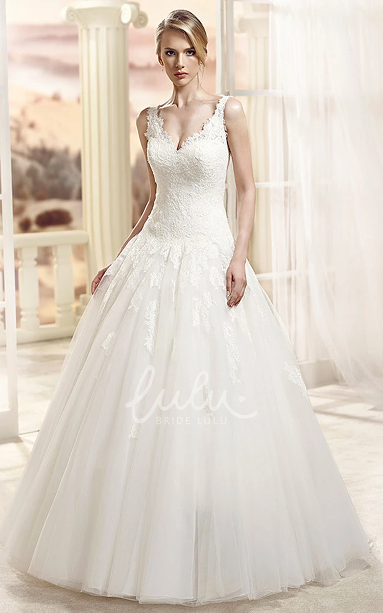 Sleeveless V-Neck Appliqued Tulle Ball Gown Wedding Dress with Long Train