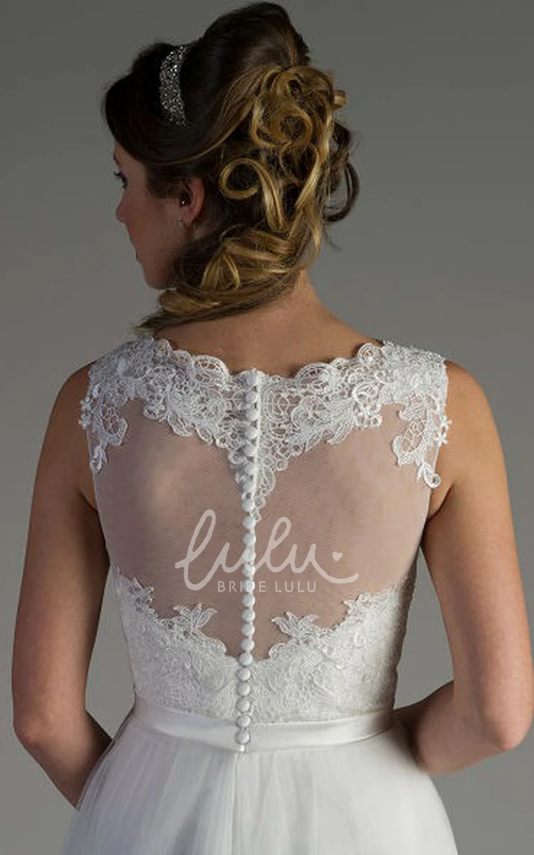 Lace Top Beaded A-Line Tulle Wedding Dress with Scalloped High Neck