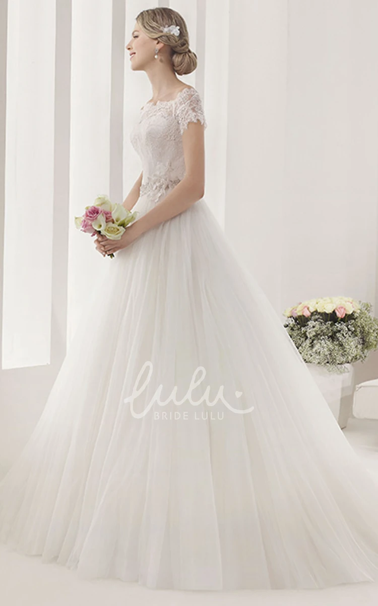 Off-Shoulder Tulle Ball Gown with Lace Sleeves Romantic Wedding Dress