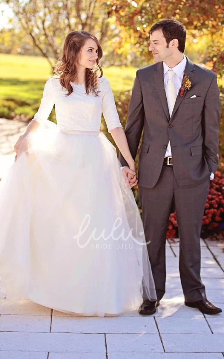Lace Tulle A-Line Wedding Dress with Jewel Neckline