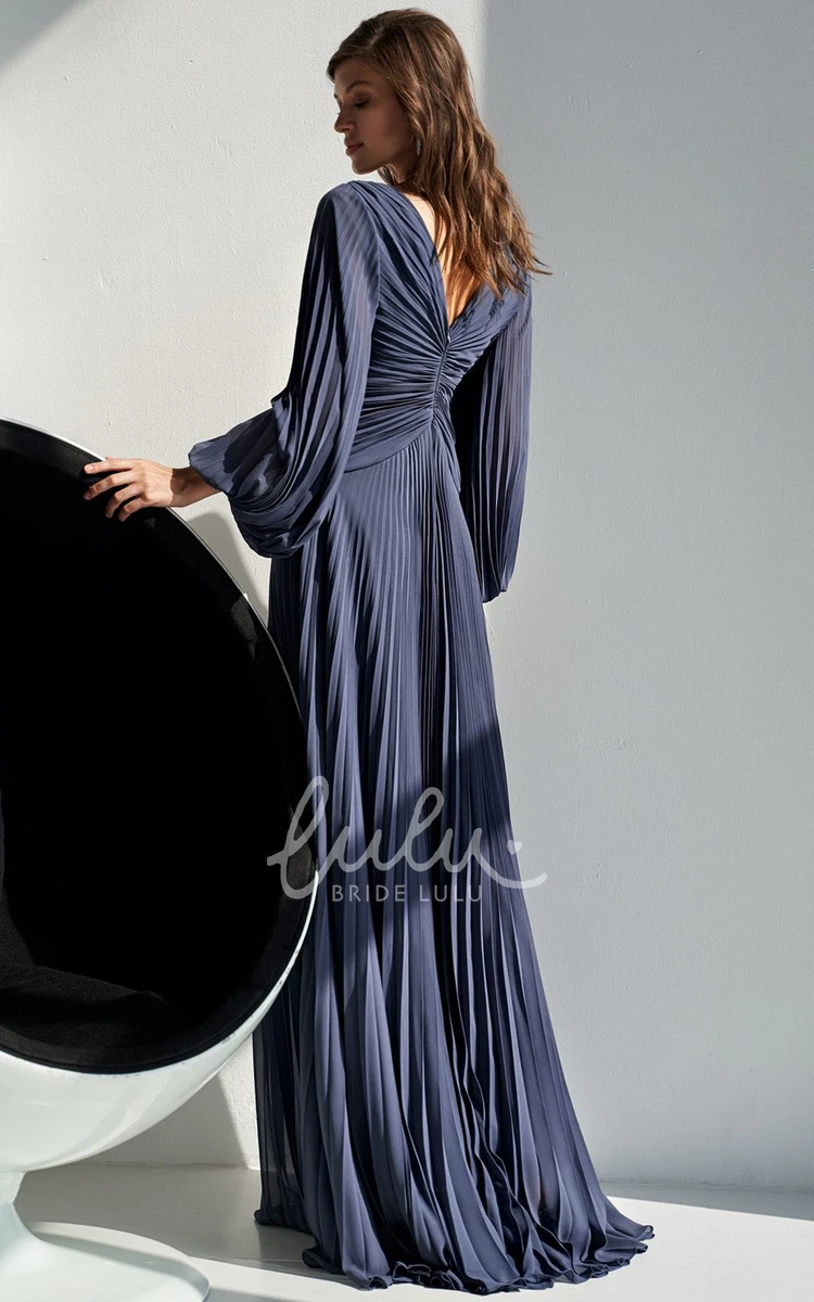 A Line Chiffon V-neck Mother MOB Dress with Pleats Ethereal Formal Dress