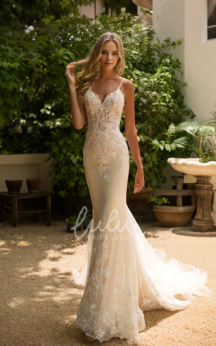Elegant Sexy Mermaid Spaghetti Lace Tulle V-neck Wedding Dress Romantic Floor-length Sleeveless Low-V Back Bridal Gown with Appliques Court Train