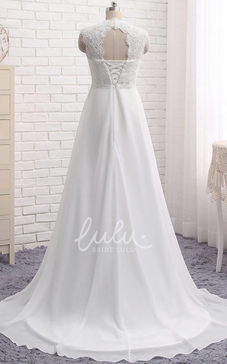 Elegant A-line Queen Anne Lace Wedding Dress with Chiffon Empire Waist
