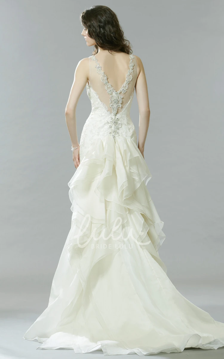 Beaded Trumpet Sleeveless Wedding Dress with Ruffles Long Bridal Gown