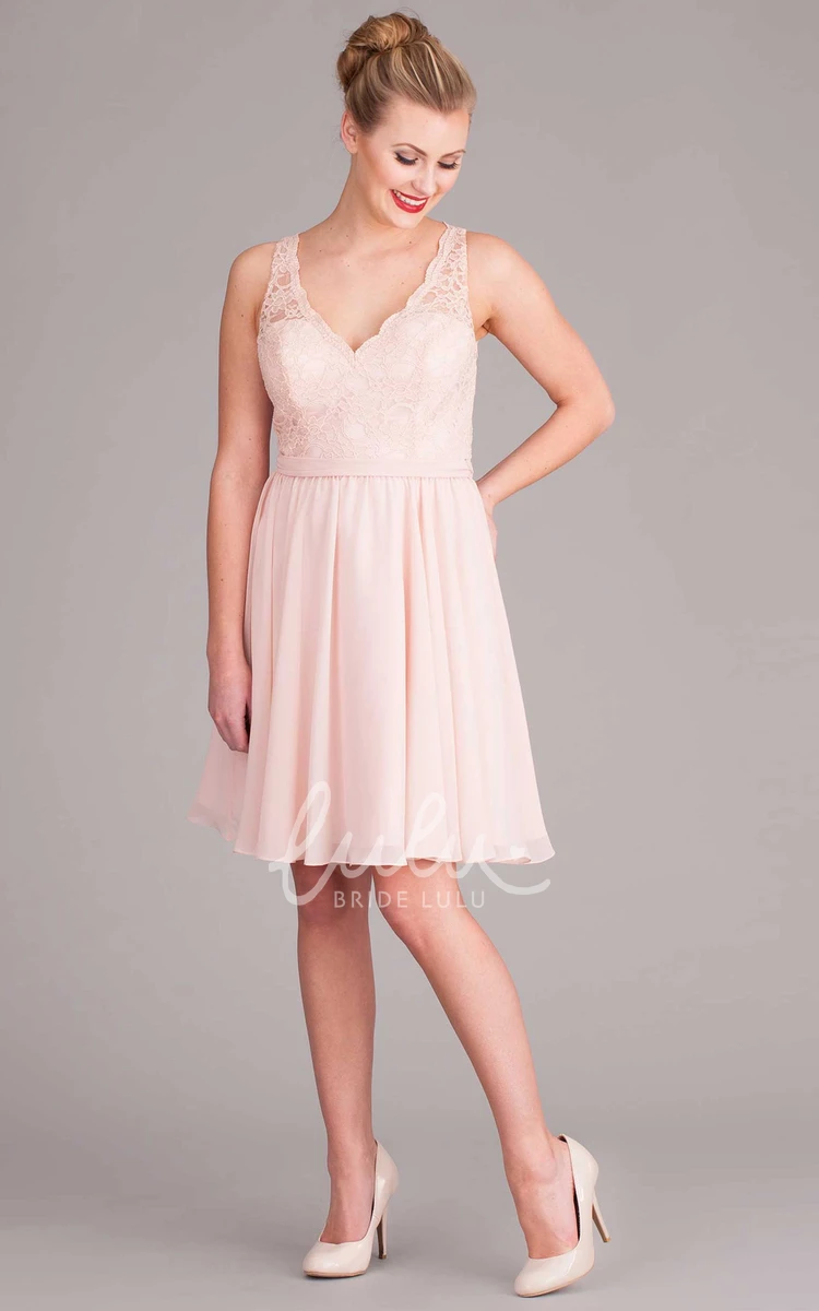 Pleated Chiffon V-Neck Bridesmaid Dress with Lace and Sleeveless Design