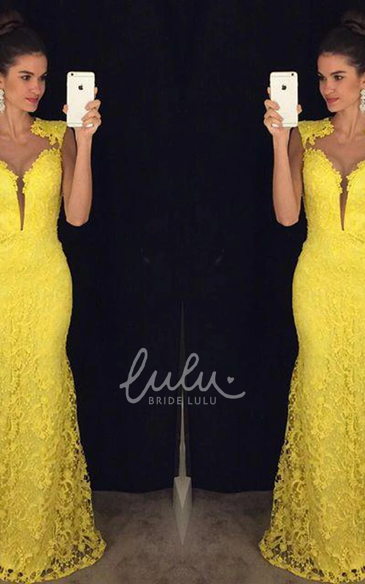 Yellow Lace Mermaid Prom Dress with Sweep Train