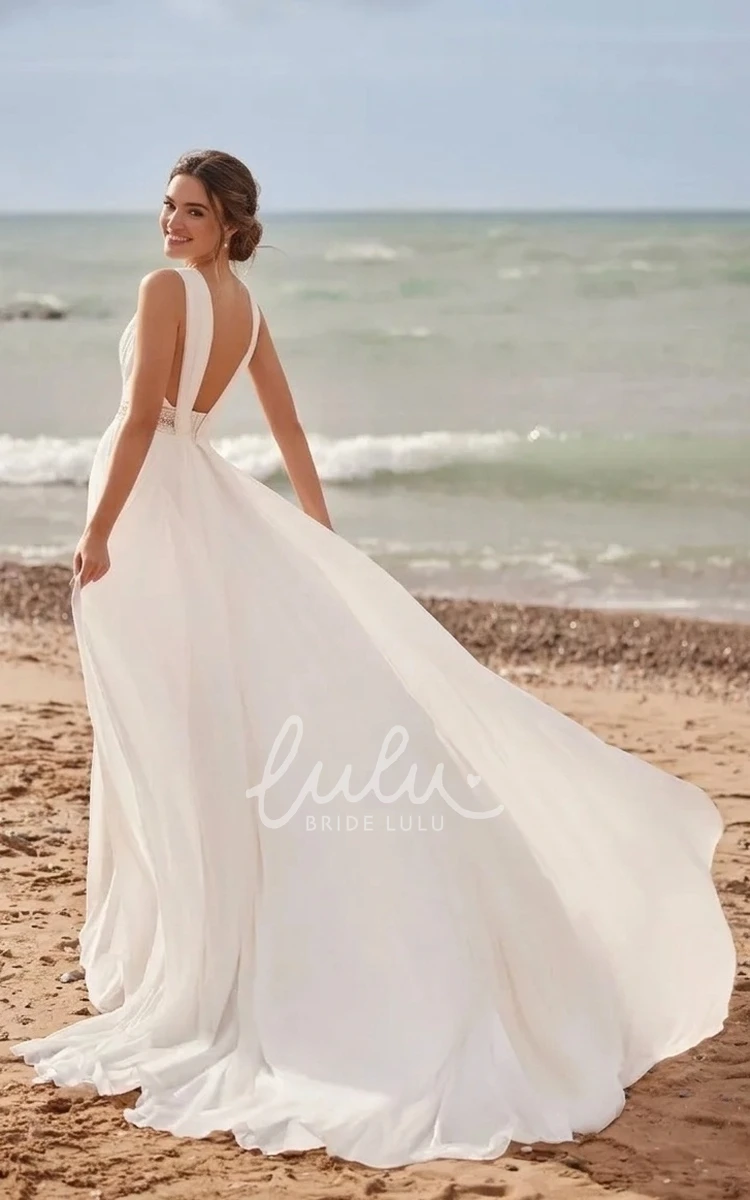 Simple Solid Chiffon Lace Sleeveless A-Line Plunging V-neck Spring Wedding Dress Chic Elegant Ethereal Floor-length Backless Bridal Gown with Train