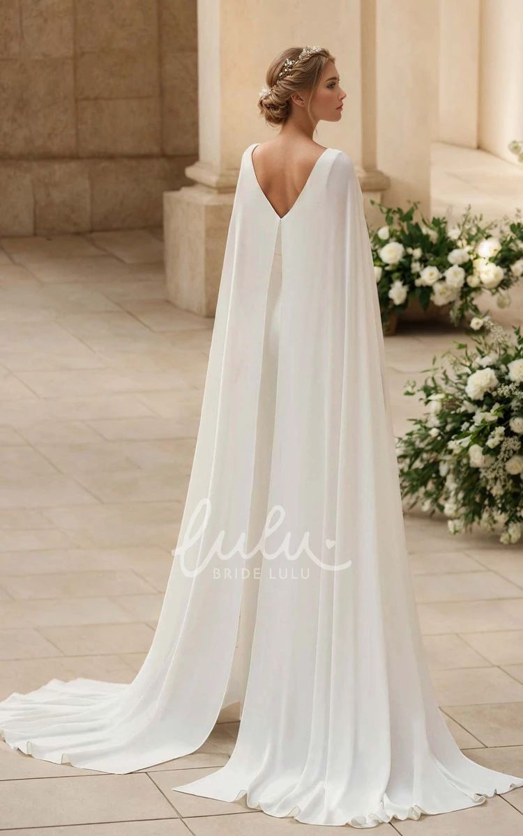 Simple Solid Jumpsuit A-Line Plunging V-neck Chiffon Wedding Dress Elegant Modern Sleeveless Floor-length Sash Low-V Back with Zipper Bridal Gown with Cape