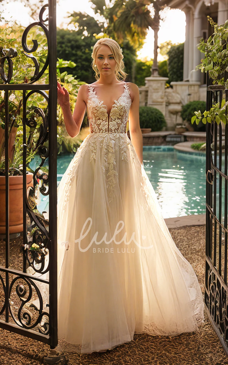 Elegant Sexy Spaghetti Sleeveless A-Line Floor-length Tulle Lace Appliques Wedding Dress Ethereal Romantic Garden Plunging Neckline Backless Bridal Gown with Train