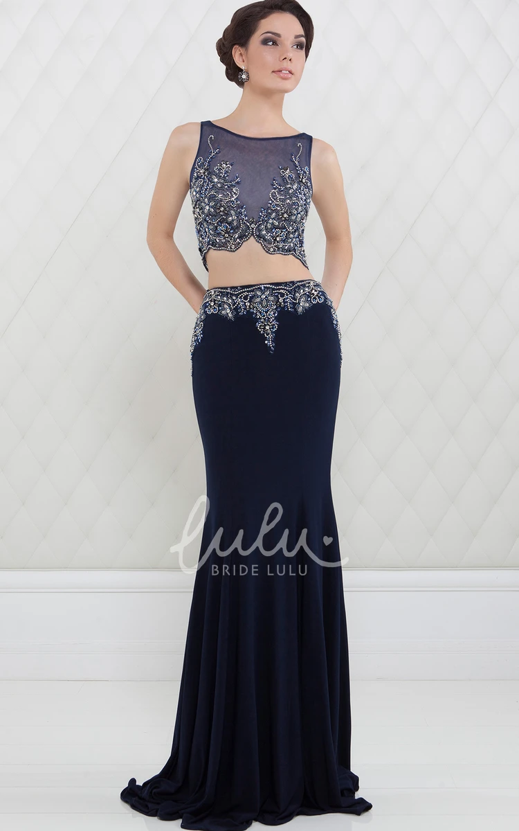 Sheath Scoop-Neck Sleeveless Beaded Floor-Length Jersey Prom Dress Flowy Beaded Sheath Prom Dress