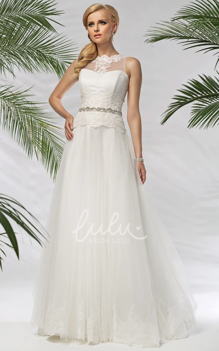 High-Neck Tulle & Satin Wedding Dress A-Line Appliqued Sleeveless