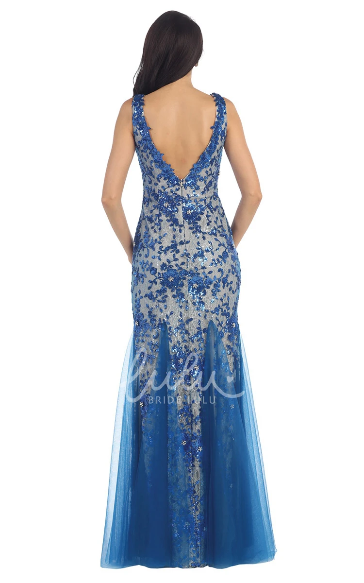 Sheath Tulle Formal Dress with Deep-V Back and Sequins