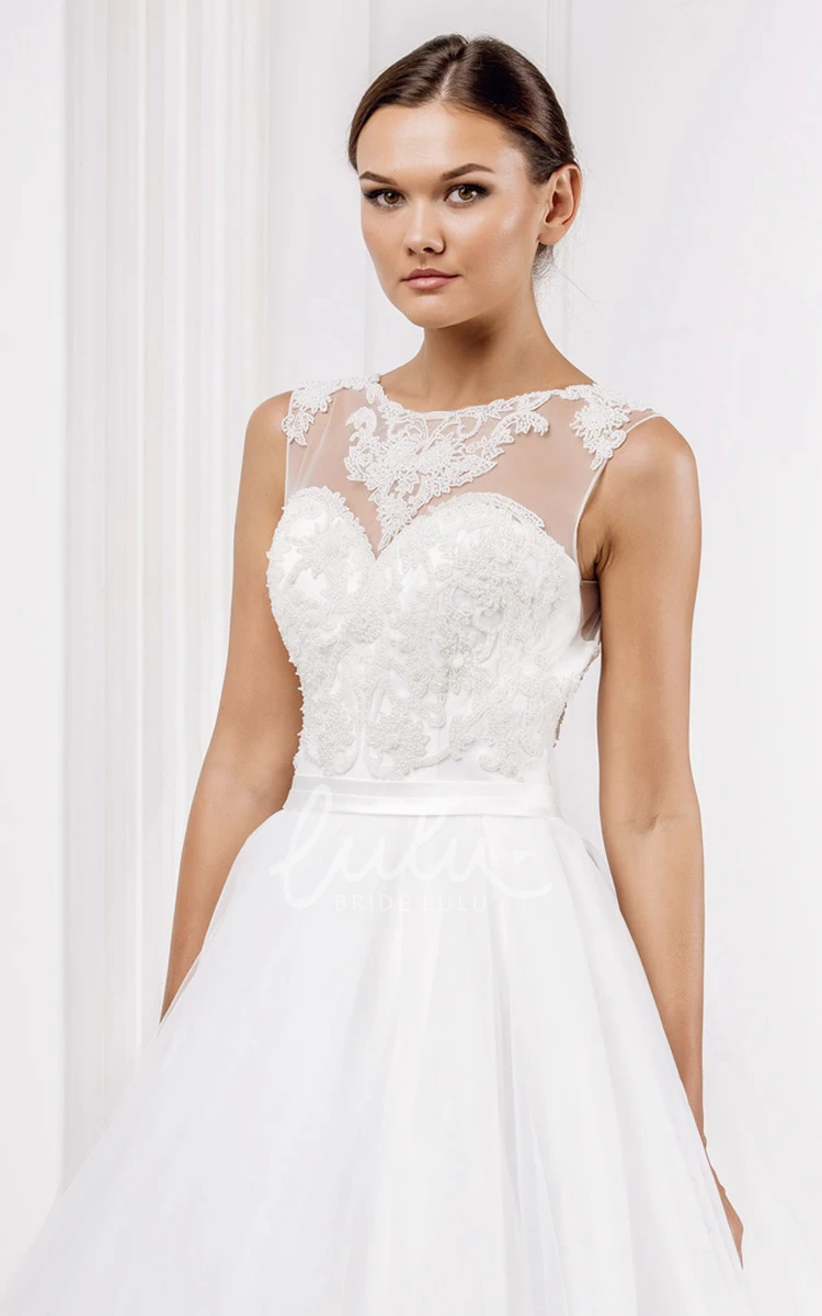 Scoop Appliqued A-Line Wedding Dress with Illusion Back Sleeveless