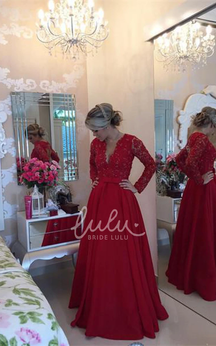 Long Sleeve Red Chiffon Prom Dress Delicate & Pearled