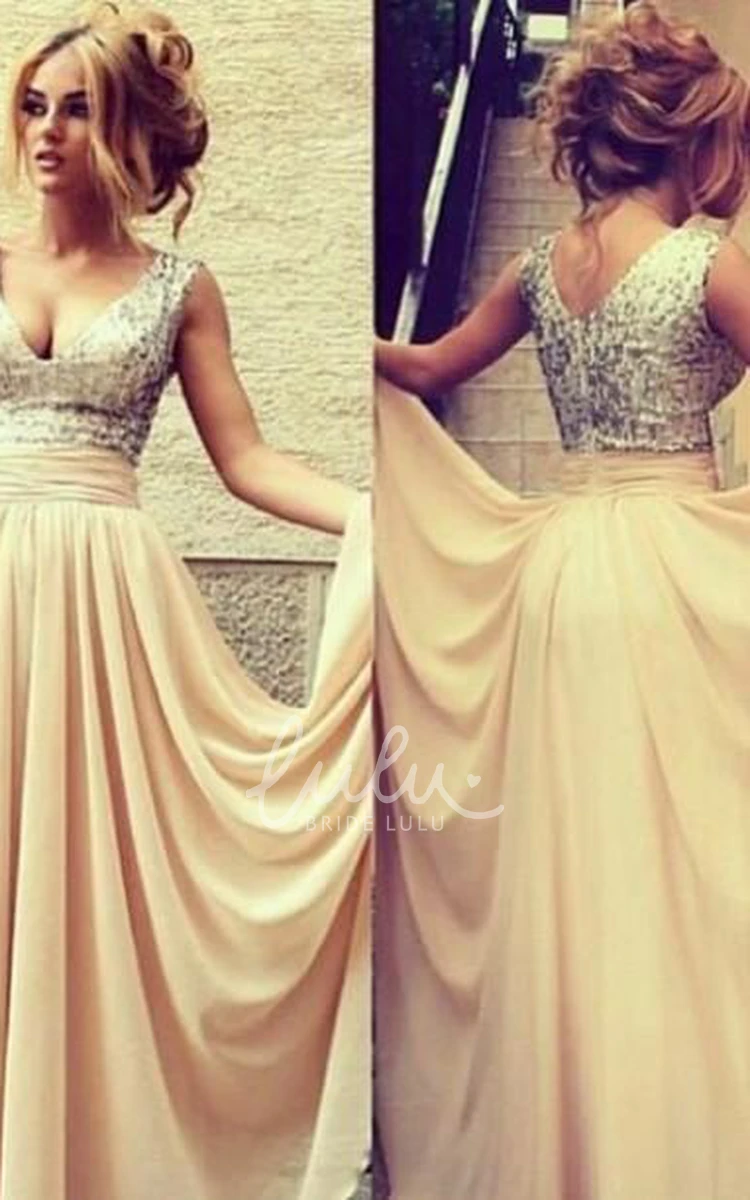 Beaded V-Neck Chiffon Floor-Length Dress Modern Formal Guest Attire