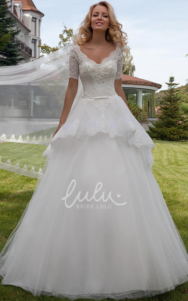 Short Sleeve Lace Wedding Dress Unique Ball Gown