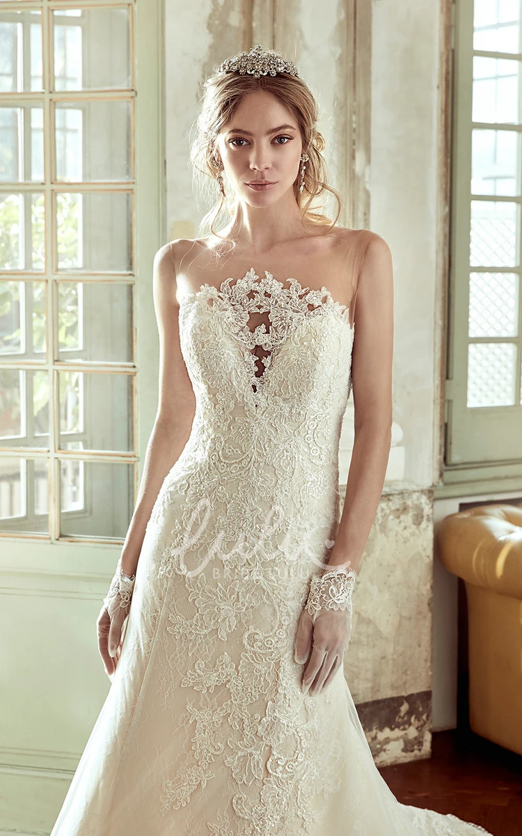 Strapless Lace Wedding Dress with Appliqued Bust and Brush Train Unique Bridal Dress Flowy Women